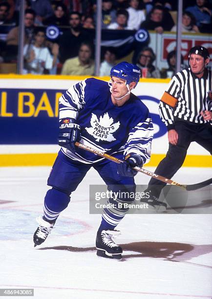 Kirk Muller of the Toronto Maple Leafs skates on the ice during an NHL game against the Detroit Red Wings on November 2, 1996 at the Maple Leaf...