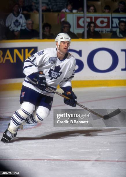 Kirk Muller of the Toronto Maple Leafs skates on the ice during an NHL game against the New York Rangers on December 7, 1996 at the Maple Leaf...