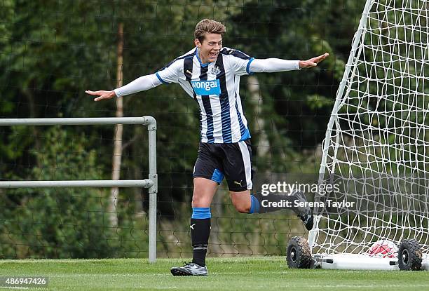 Lewis McNall of Newcastle celebrates after scoring the opening goal during the Under 18 Barclays Premier League match at The Newcastle United Academy...