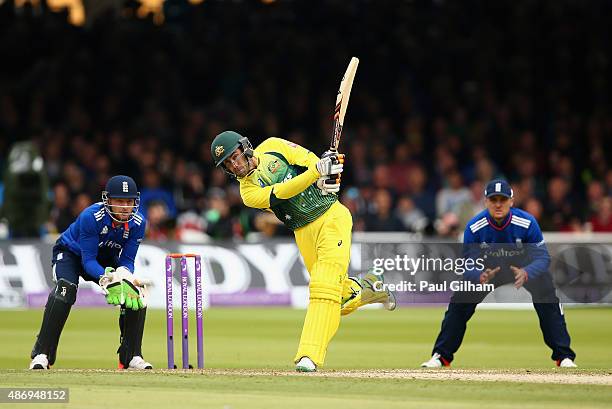 Glenn Maxwell of Australia hits out during the 2nd Royal London One-Day International match between England and Australia at Lord's Cricket Ground on...