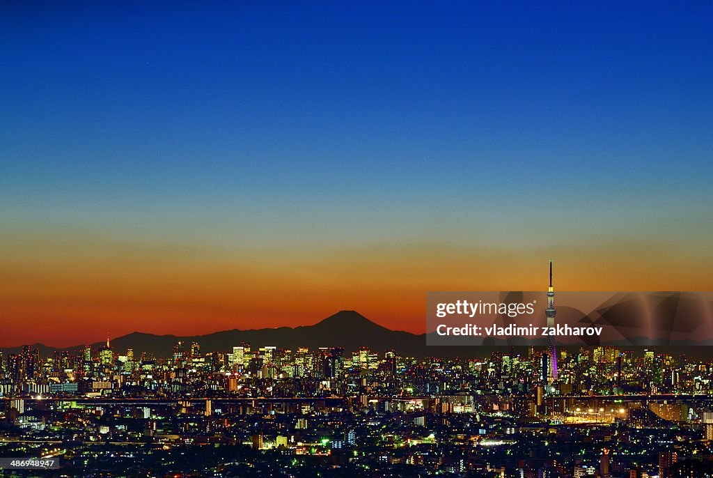 Tokyo cityscape and Mount Fuji at sunset