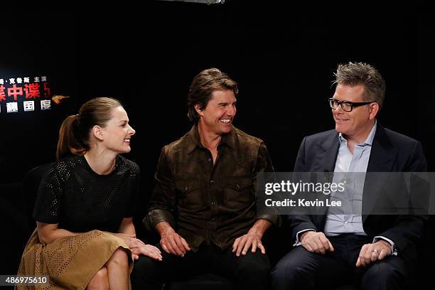 Rebecca Ferguson, Tom Cruise, and Director Christopher McQuarrie, speaks to Chengdu fans during a tele-broadcasting on August 5, 2015 in Shanghai,...