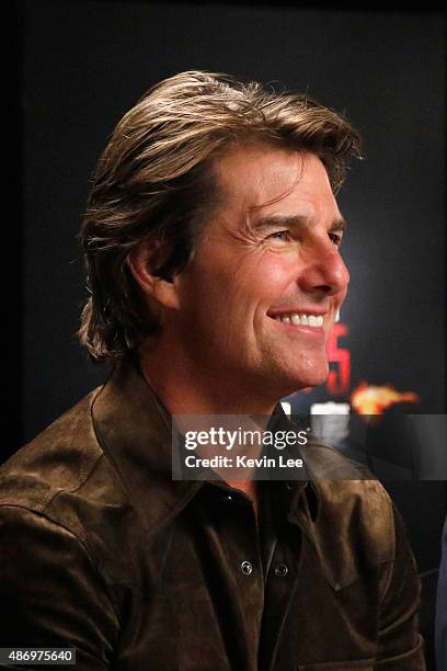 Tom Cruise reacts during a tele-broadcasting with fans in a cinema in Chengdu on August 5, 2015 in Shanghai, China.