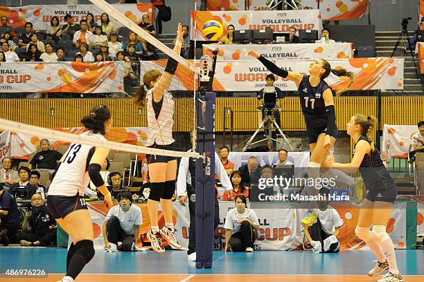 Julieta Constanza Lazcano of Argentina spikes during the match between Argentina and South Korea during the FIVB Women's Volleyball World Cup Japan...