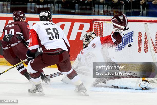 Martin Reway of the Sparta Prague scores during the Champions Hockey League group stage game between Sparta Prague and Geneve-Servette on September...