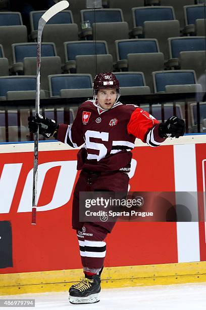 Martin Reway celebrate his goal during the Champions Hockey League group stage game between Sparta Prague and Geneve-Servette on September 5, 2015 in...