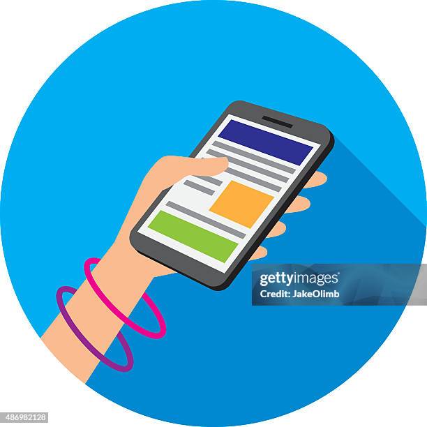 hand holding smartphone icon flat - market retail space stock illustrations