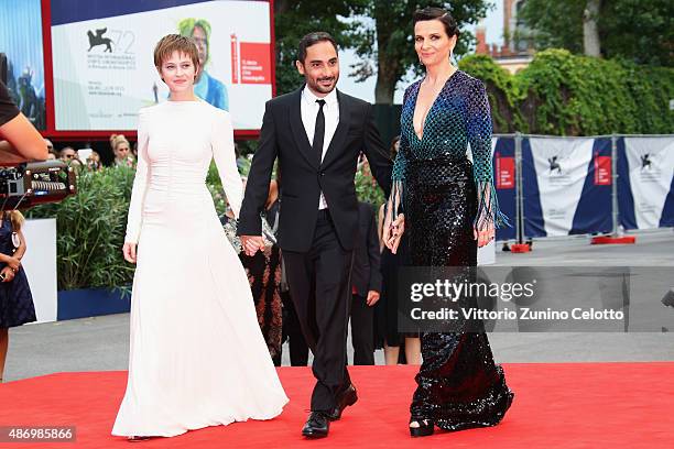 Lou de Laage, Director Piero Messina and Juliette Binoche attend a premiere for 'The Wait' during the 72nd Venice Film Festival on September 5, 2015...