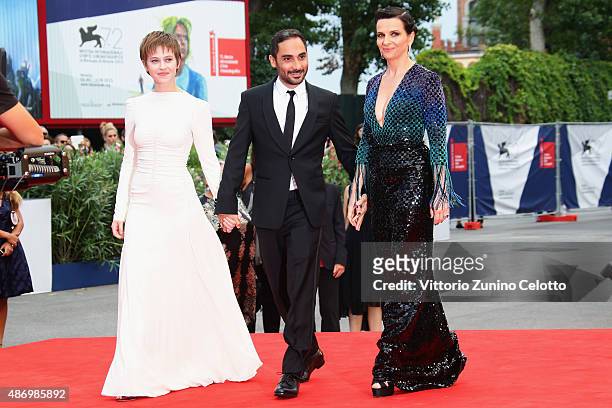Lou de Laage, Piero Messina and Juliette Binoche attend a premiere for 'The Wait' during the 72nd Venice Film Festival on September 5, 2015 in...