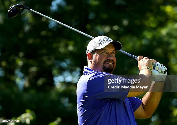 Brendon de Jonge of Zimbabwe watches his tee shot on the ninth hole during round two of the Deutsche Bank Championship at TPC Boston on September 5,...