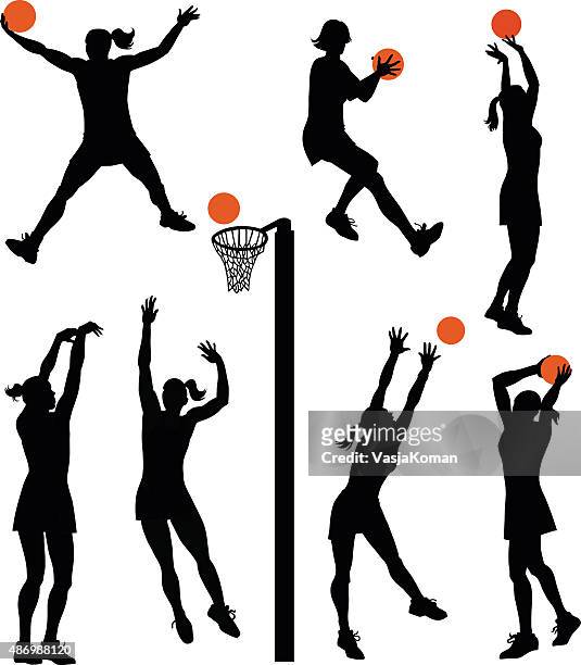 set of netball players - isolated silhouettes - basketball hoop stock illustrations