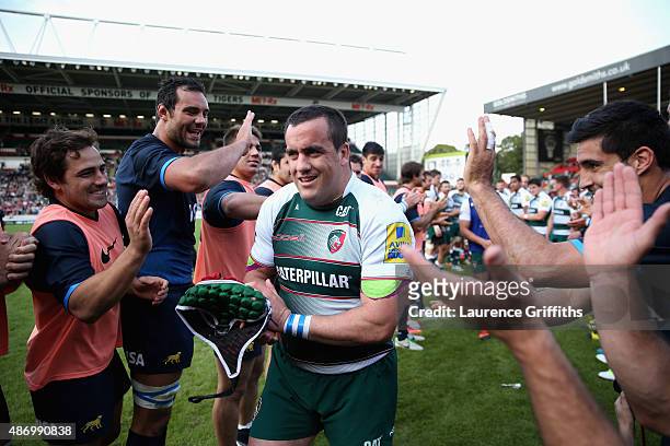 Marcos Ayerza of Argentina and Leicester Tigers is applauded from the field after his Testimonial Challenge match between Leicester Tigers and...