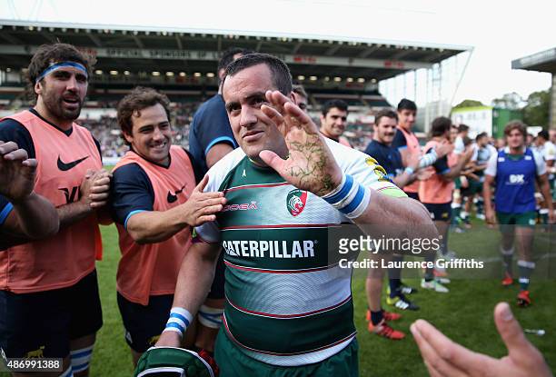 Marcos Ayerza of Argentina and Leicester Tigers is applauded from the field after his Testimonial Challenge match between Leicester Tigers and...