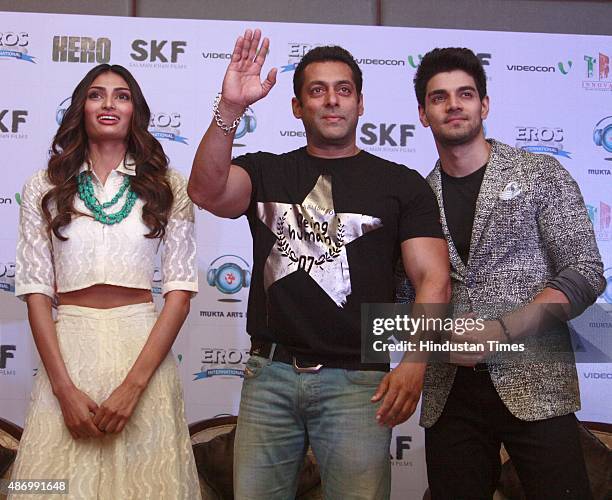 Bollywood actors Athiya Shetty, Salman Khan and Sooraj Pancholi during a promotional event for their upcoming movie 'Hero', on September 5, 2015 in...