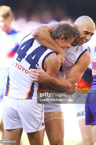 James Podsiadly and Matt Crouch of the Crows celebrate a goal during the round six AFL match between the Western Bulldogs and the Adelaide Crows at...