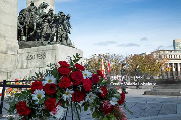 sentries stand guard at ottawa cenotaph - canadian military uniform stock pictures, royalty-free photos & images