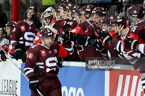 Martin Reway from Sparta Prague celebrate a goal during the Champions Hockey League group stage game between Sparta Prague and Geneve-Servette on...