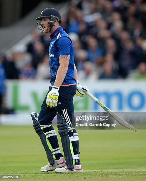 Ben Stokes of England leaves the field after being given out for disrupting the field during the 2nd Royal London One-Day International match between...