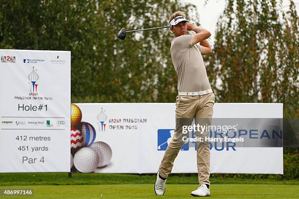 Ben Evans of England tees off on the first hole on day three of the M2M Russian Open at Skolkovo Golf Club on September 5, 2015 in Moscow, Russia.