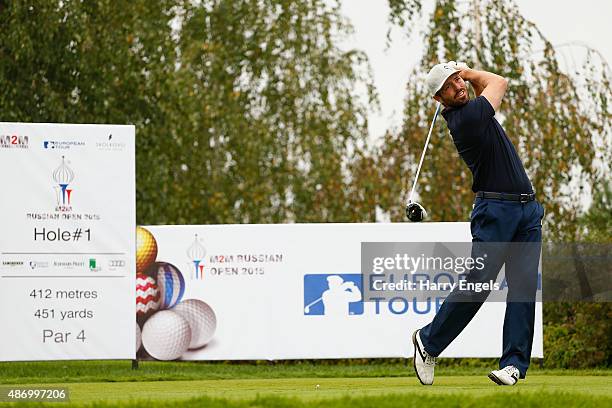 Pablo Martin Benavides of Spain tees off on the first hole on day three of the M2M Russian Open at Skolkovo Golf Club on September 5, 2015 in Moscow,...