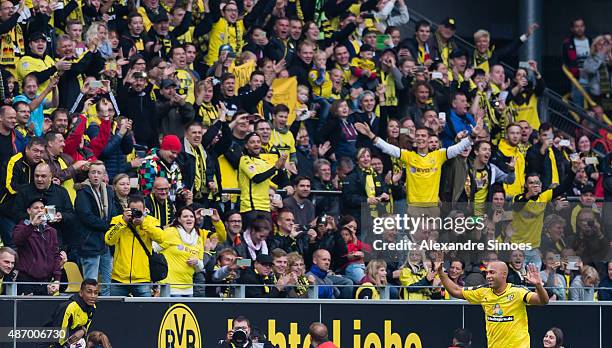 Leonardo de Deus Santos celebrates after scoring his goal during the farewell match of Dede at Signal Iduna Park on September 5, 2015 in Dortmund,...