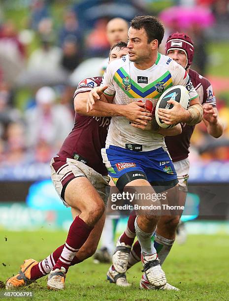 David Shillington of the Raiders is tackled by the Sea Eagles defence during the round 8 NRL match between the Manly-Warringah Sea Eagles and the...