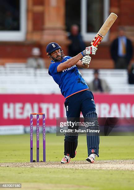 Liam Plunkett of England hits out during the 2nd Royal London One-Day International match between England and Australia at Lord's Cricket Ground on...