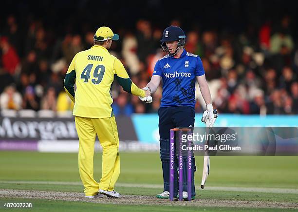 Captain Eoin Morgan of England shakes hands with Captain Steven Smith of Australia at the end of the 2nd Royal London One-Day International match...