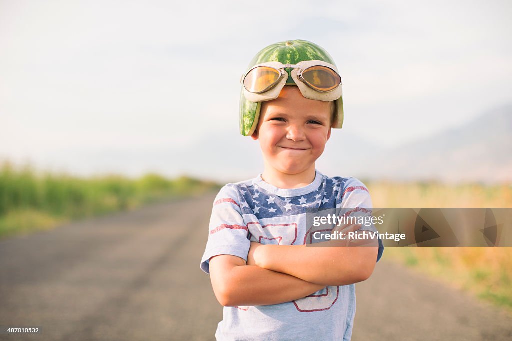 Smiling Racing Boy in Watermelon Helmet