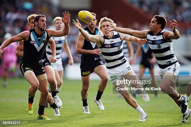 Players from both sides compete for the ball during the round six AFL match between Port Adelaide Power and the Geelong Cats at Adelaide Oval on...