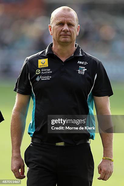 Ken Hinkley of the Power looks on during the round six AFL match between Port Adelaide Power and the Geelong Cats at Adelaide Oval on April 27, 2014...