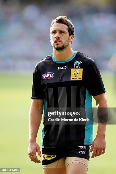 Travis Boak of the Power looks on during the round six AFL match between Port Adelaide Power and the Geelong Cats at Adelaide Oval on April 27, 2014...
