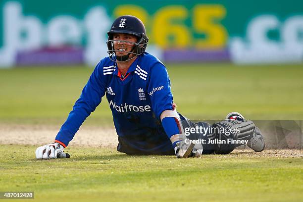 Steven Finn of England makes it home for a run during the 2nd Royal London One-Day International match between England and Australia at Lord's...