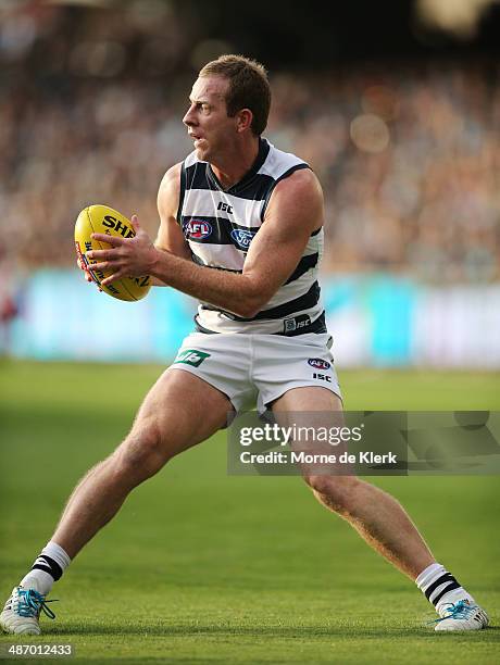 Steve Johnson of the Cats wins the ball during the round six AFL match between Port Adelaide Power and the Geelong Cats at Adelaide Oval on April 27,...