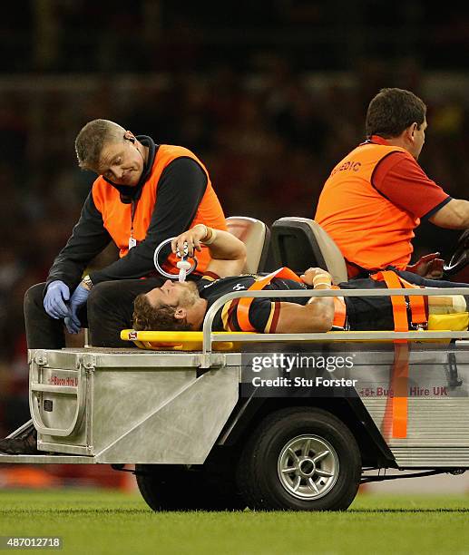 Wales player Leigh Halfpenny is stretchered off during the International match between Wales and Ireland at Millennium Stadium on September 5, 2015...