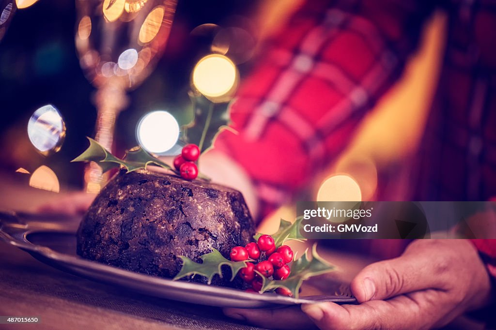 Traditional Christmas Pudding Served on a Plate