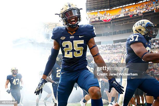 Pat Amara of the Pittsburgh Panthers reacts while entering the field during introductions prior to the game against the Youngstown State Penguins at...