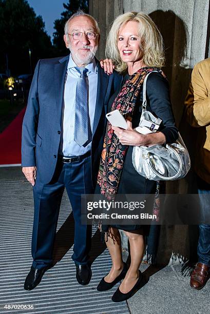 Dieter Hallervorden and Claudia Neidig attend the theatre premiere of 'Amadeus' with Dieter Hallervorden celebrating his 80th birthday on September...