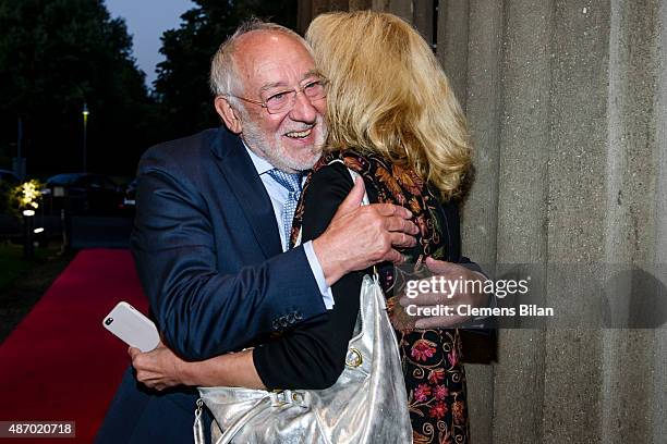 Dieter Hallervorden and Claudia Neidig attend the theatre premiere of 'Amadeus' with Dieter Hallervorden celebrating his 80th birthday on September...