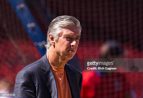 Dave Dombrowski the President of Baseball Operations for the Boston Red Sox watches batting practice before a game against the Philadelphia Phillies...