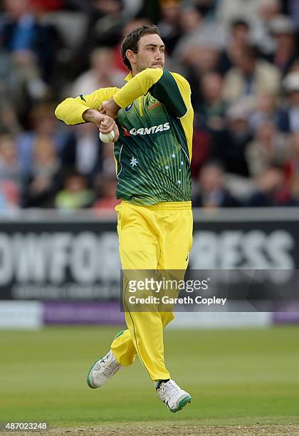 Glenn Maxwell of Australia bowls during the 2nd Royal London One-Day International match between England and Australia at Lord's Cricket Ground on...