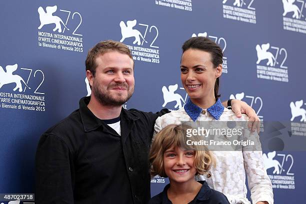 Brady Corbet,Tom Sweet and Berenice Bejo attend a photocall for 'The Childhood Of A Leader' during the 72nd Venice Film Festival at Palazzo del...
