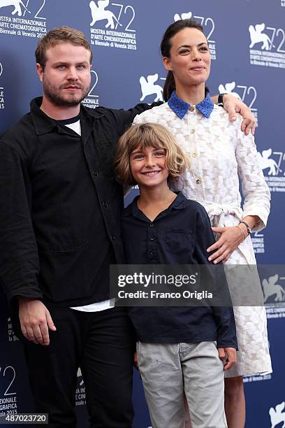 Brady Corbet,Tom Sweet and Berenice Bejo attend a photocall for 'The Childhood Of A Leader' during the 72nd Venice Film Festival at Palazzo del...