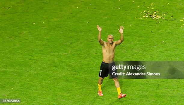 Leonardo de Deus Santos celebrates after the match during the farewell match of Dede at Signal Iduna Park on September 5, 2015 in Dortmund, Germany.