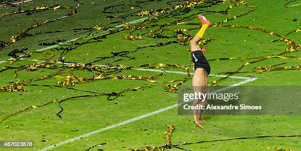 Leonardo de Deus Santos celebrates after the match during the farewell match of Dede at Signal Iduna Park on September 5, 2015 in Dortmund, Germany.