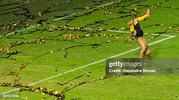 Leonardo de Deus Santos celebrates after the match during the farewell match of Dede at Signal Iduna Park on September 5, 2015 in Dortmund, Germany.