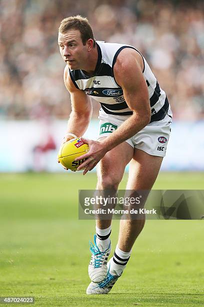 Steve Johnson of the Cats wins the ball during the round six AFL match between Port Adelaide Power and the Geelong Cats at Adelaide Oval on April 27,...