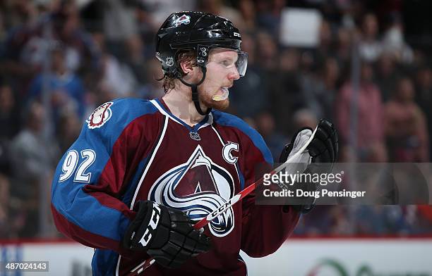 Gabriel Landeskog of the Colorado Avalanche looks on during a break in the action against the Minnesota Wild in Game Five of the First Round of the...
