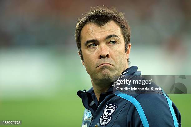 Chris Scott of the Cats looks on during the round six AFL match between Port Adelaide Power and the Geelong Cats at Adelaide Oval on April 27, 2014...