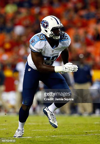 Outside linebacker Deiontrez Mount of the Tennessee Titans in action during the preseason game against the Kansas City Chiefs at Arrowhead Stadium on...